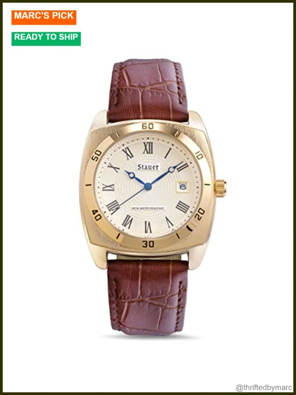 36mm Gold-Finished Alloy Watch with Genuine Brown Leather Band